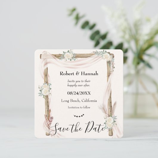 Boho Cream Floral Wedding Arch Save the Date (Stehend Vorderseite)
