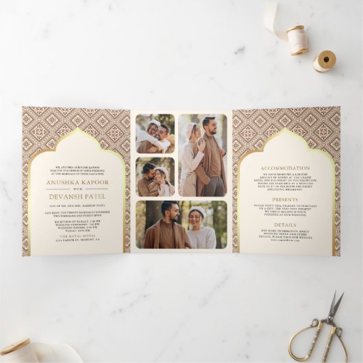 Boho Cream Geometric All in One Indian Wedding Dreifach Gefaltete Einladung (Innenseite)