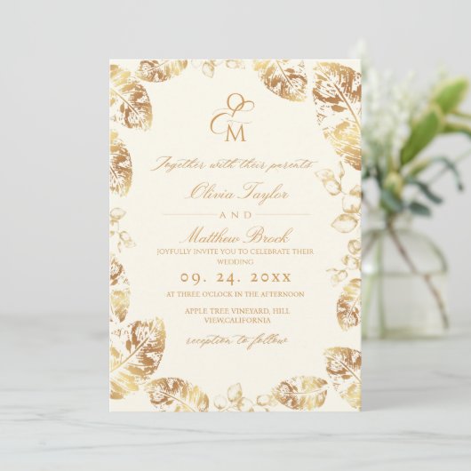 Boho Cream Gold | Elegante Hochzeit im Herbst Einladung (Stehend Vorderseite)