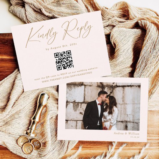 Boho Cream Neutral Wedding RSVP Qr Code Begleitkarte