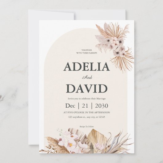 Boho Cream Pampas Einladung zur Hochzeit (Vorderseite)