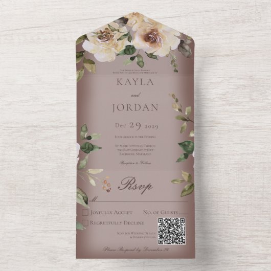 Boho Cream Rose Brown QR-Code All In One Einladung (Innen Boden)