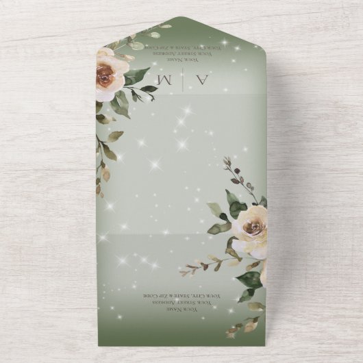 Boho Cream Rose Sparkasse Grün Abendessen All In One Einladung (Außenbereich)