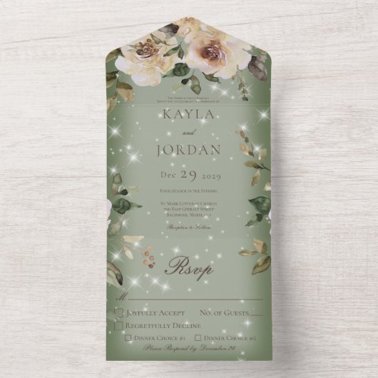 Boho Cream Rose Sparkasse Grün Abendessen All In One Einladung (Innen Boden)