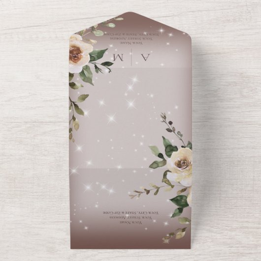 Boho Cream Rose Sparkle Brown All In One Einladung (Außenbereich)