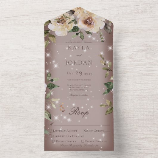Boho Cream Rose Sparkle Brown All In One Einladung (Innen Boden)