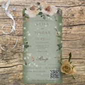 Boho Cream Rose Sparkle Sage Green QR-Code All In One Einladung