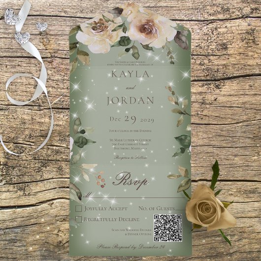 Boho Cream Rose Sparkle Sage Green QR-Code All In One Einladung