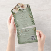 Boho Cream Rose Sparkle Sage Green QR-Code All In One Einladung (Abreißen)