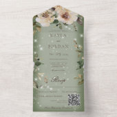 Boho Cream Rose Sparkle Sage Green QR-Code All In One Einladung (Innen Boden)