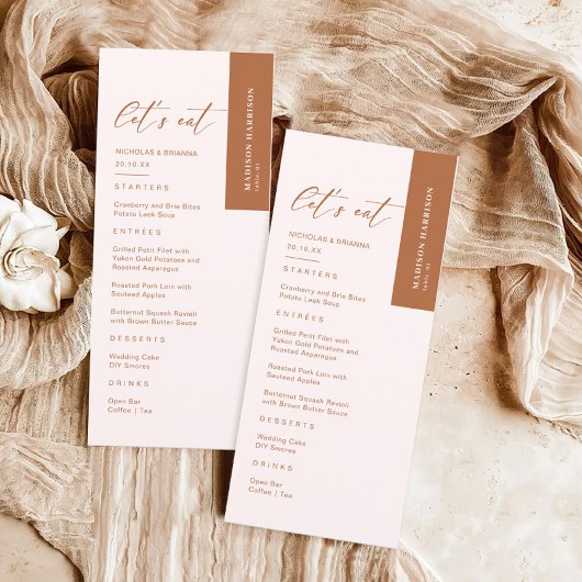 Boho Cream und Burnt Orange Wedding Menükarte