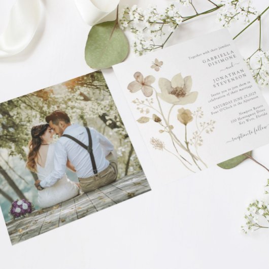 Boho Cream Watercolor Wildblumen Foto Hochzeit Einladung