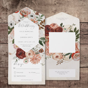 Boho Creme Burgunder Herbst Floral Nein Abendessen All In One Einladung