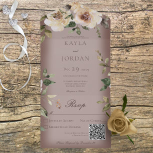 Boho Creme Rosen Braun QR Code All In One Einladung