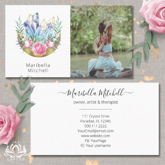 Boho Crescent Moon Crystals Pink Roses Foto Visitenkarte