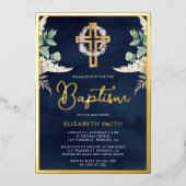 Boho Cross Pampas Eukalyptus Taufe Navy Gold Folieneinladung (Vorderseite)
