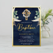 Boho Cross Pampas Eukalyptus Taufe Navy Gold Folieneinladung (Stehend vorne)