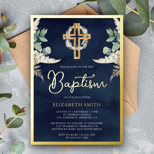 Boho Cross Pampas Eukalyptus Taufe Navy Gold Folieneinladung