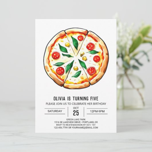 Boho Custom Pizza Birthday Einladung (Stehend Vorderseite)