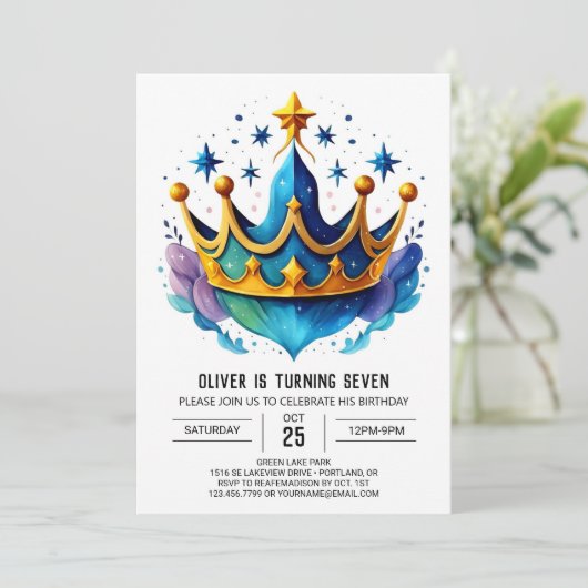 Boho Custom Prince Crown Geburtstag Einladung (Stehend Vorderseite)