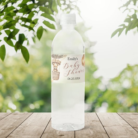 Boho Cute Bear Air Balloon Clouds Baby Shower Wasserflaschenetikett