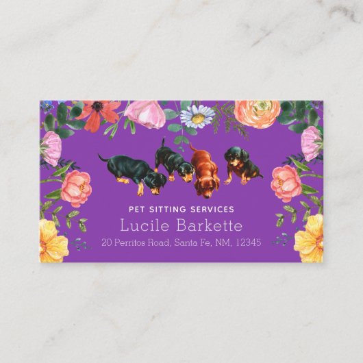 Boho Cute Dachshund Pet Sitting Wildflowers Purple Visitenkarte (Vorderseite)