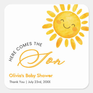 Boho Cute Hier kommt die Sonne Baby Shower Quadratischer Aufkleber