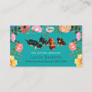 Boho-Dachshund-Hundesitting-Wildblumen Türkisblau Visitenkarte