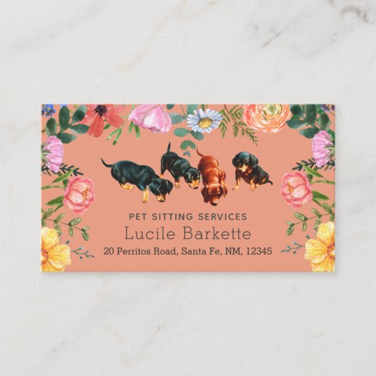 Boho Dachshund Pet Sitting Wildflowers Coral Peach Visitenkarte (Vorderseite)