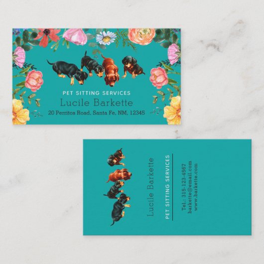 Boho Dackel Haustiere Sitze Wildblumen Aquamarin b Visitenkarte (Vorne/Hinten)