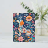 Boho Dackel mit Blumen Postkarte (Stehend Vorderseite)