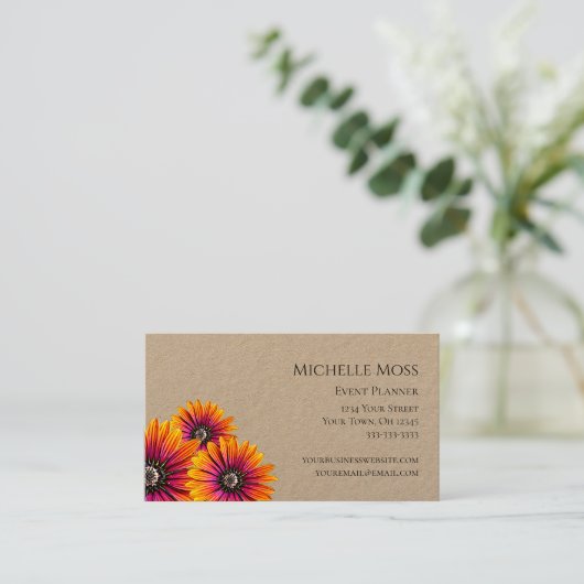 Boho Daisies farbenfroh Botanisch Rustikal Visitenkarte (Stehend Vorderseite)