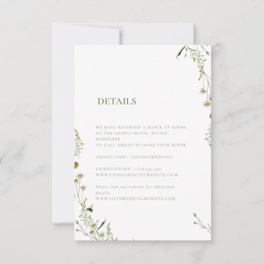 Boho Daisy Beidge Wildblume Hochzeitsdetails RSVP Karte (Vorderseite)