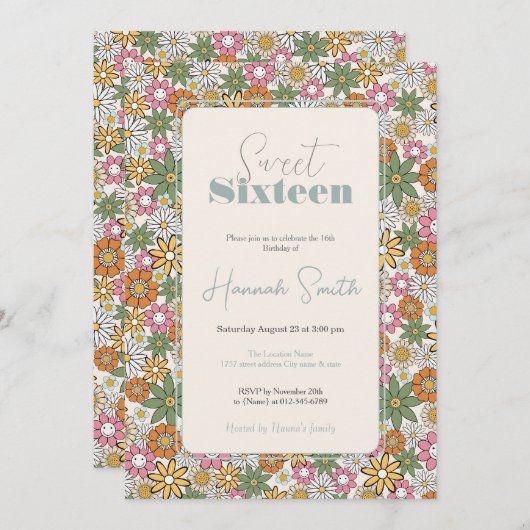 Boho Daisy Blume 70er Groovy Floral Einladung (Vorne/Hinten)