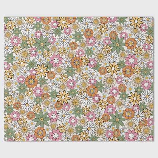 Boho Daisy Blume 70er Groovy Floral Geschenkpapier (Flach)