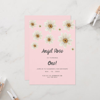 Boho Daisy Blume Girl 1. Geburtstag Pink Niedlich Einladung
