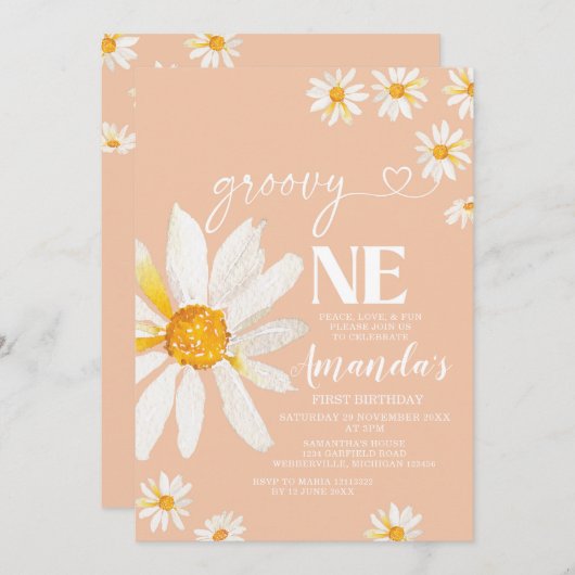 Boho Daisy Blume Groovy One Birthday Party Einladung (Vorne/Hinten)