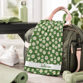 Boho-Daisy-Blumenmuster Grün Name Sport Handtuch