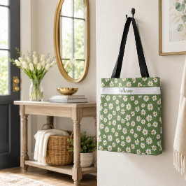 Boho-Daisy-Blumenmuster Grüner Name Tasche