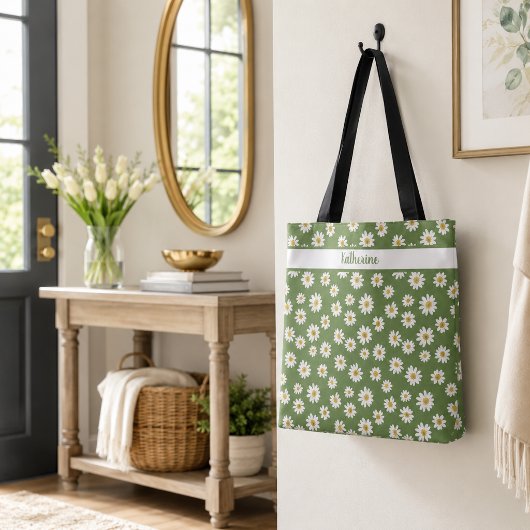 Boho-Daisy-Blumenmuster Grüner Name Tasche