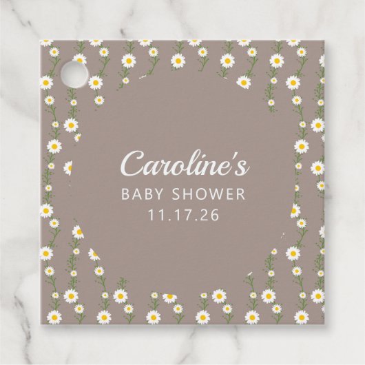 Boho Daisy Chain Taupe Custom Script Baby Dusche Geschenkanhänger (Vorderseite)