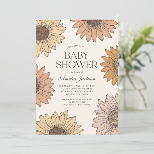 Boho Daisy Floral Baby Shower Einladung (Stehend Vorderseite)