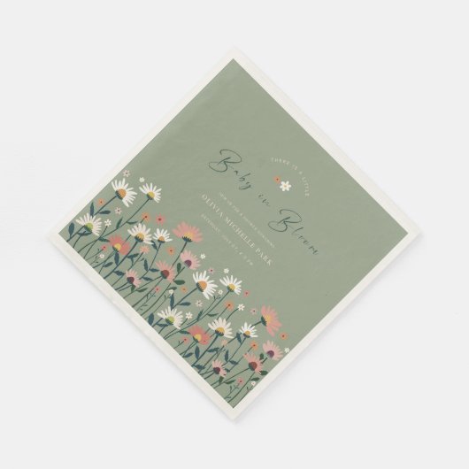 Boho Daisy Floral Sage Green Baby in Blütendusche Serviette (Ecke)