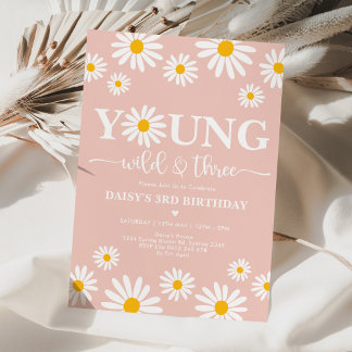 Boho Daisy Floral Young Wild & Three 3. Geburtstag Einladung