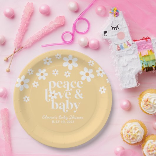 Boho Daisy Peace Liebe baby gelb Pappteller (Party)