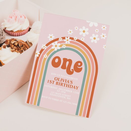 Boho Daisy Regenbogen zum ersten Geburtstag Einladung