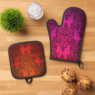 Boho-Damask lebhaftes Rosa- und Rotmuster Ofenhandschuh & Topflappen-Set