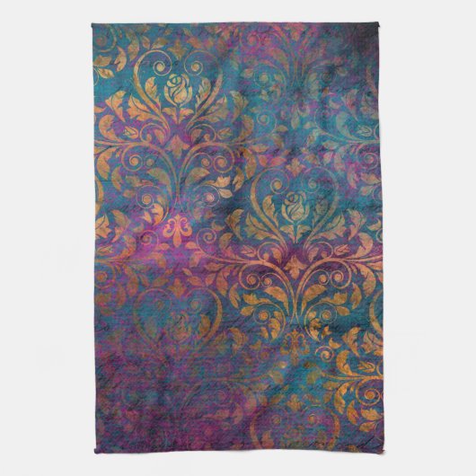 Boho Damask lila Goldgold Geschirrtuch (Vertikal)