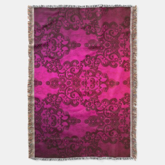 Boho Damask Tiefglühender rosa Viktorianischer Sti Decke (Vorderseite Vertikal)