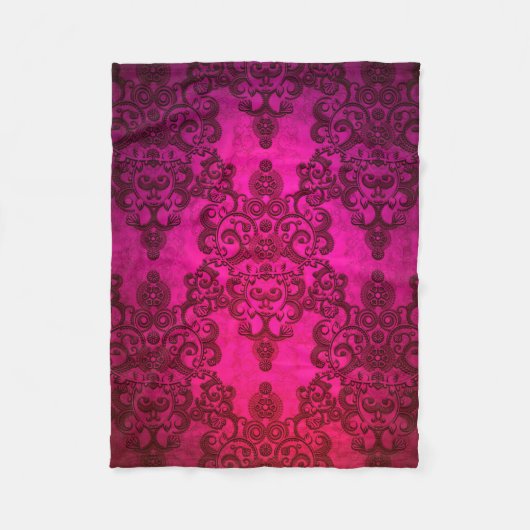 Boho Damask Tiefglühender rosa Viktorianischer Sti Fleecedecke (Vorderseite)